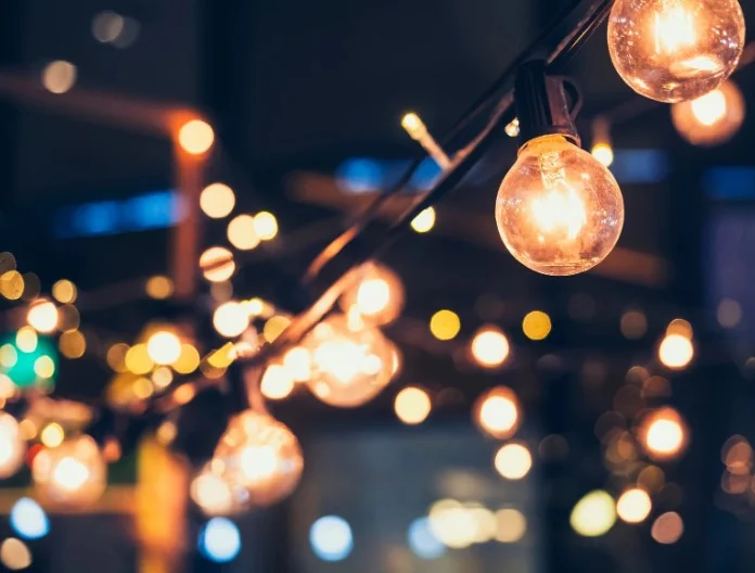Warm string lights holiday display — Charlottesville VA