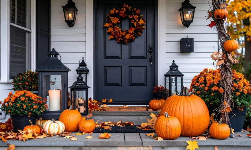 Front porch decorated with pumpkins, mums, and a fall wreath — Charlottesville VA
